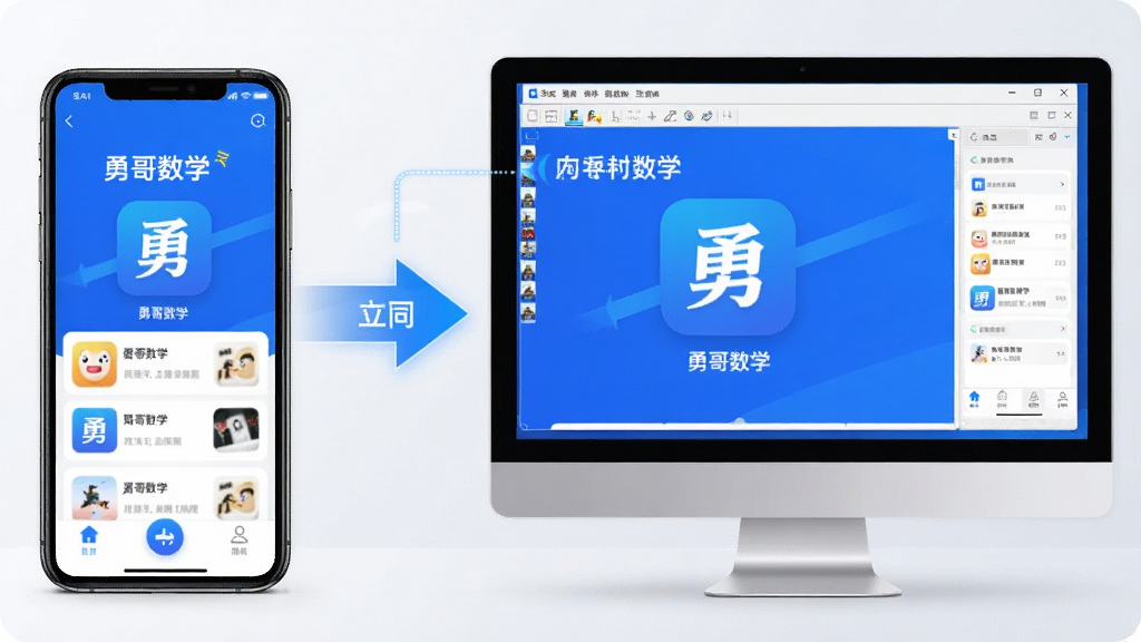 һ��չʾ���¸���ѧ��App���ֻ��͵���ģ������ͬʱ���е�ͼƬ������������ֻ���ʾApp�����棬�ұ��ǵ�����Ļ��ʾģ��������ͬ���Ľ��棬�м��ü�ͷ���ӱ�ʾ����ͬ����������Ƽ���ʮ�㣬ɫ������ɫ�Ͱ�ɫΪ�������������������ɾ�������