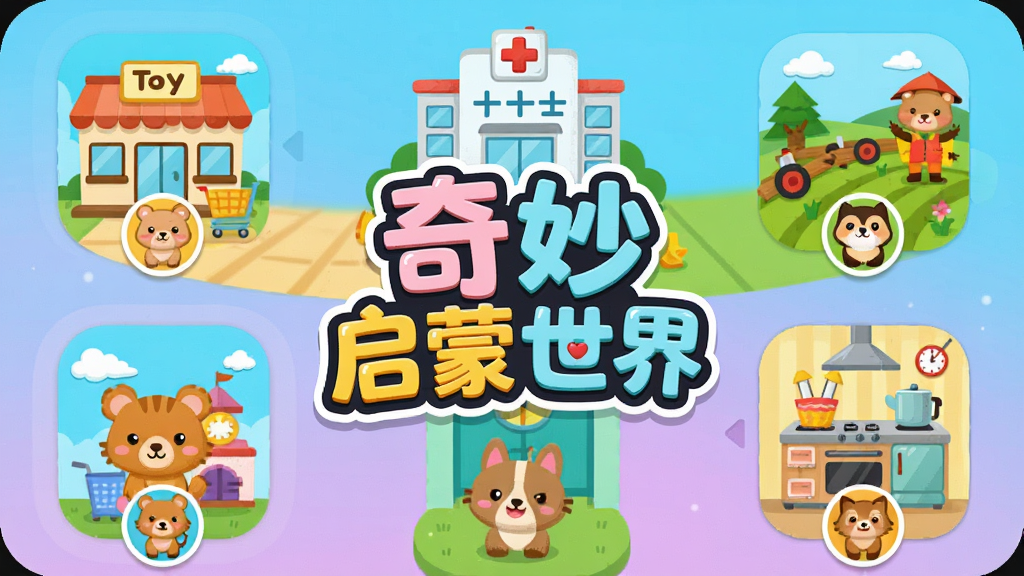 һ�ų���ͯȤ��������������App������廭�����������ǡ������������硱�Ŀ�ͨLogo����Χ�����ų��С�ҽԺ��ũ���������Ȳ�ͬ��������㳡����ڣ�ÿ����ڶ��пɰ���С����ͼ�꣬���岼��������ɫ���������죬��ƽ����ͨ��񣬻��ʸɾ��޶���Ԫ��