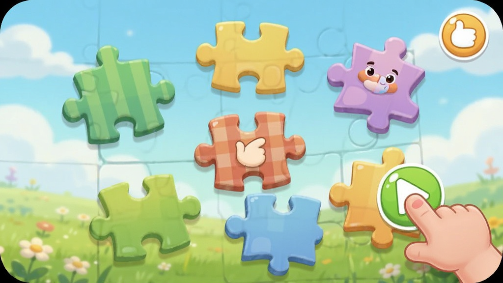������������App������С��Ϸ����Ĳ廭������չʾһ��ƴͼ��Ϸ�ľֲ���ɢ���ż�����״�����ƴͼ��Ƭ���Ա��пɰ��Ŀ�ͨ��ָ������ʾ����������͵�����ݵأ�����������죬���ʸɾ�