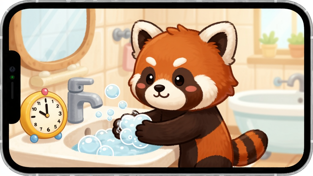 ������������App��ϰ�����ɶ�����ͼ���廭��������һֻ��ͨС��èվ��ϴ��̨ǰ����ϴ�֣��Ա������ݺͿ�ͨʱ����ʾʱ�䣬��������ܰ��ԡ�ҳ����������Ϳɰ������ʸɾ��޶���Ԫ��
