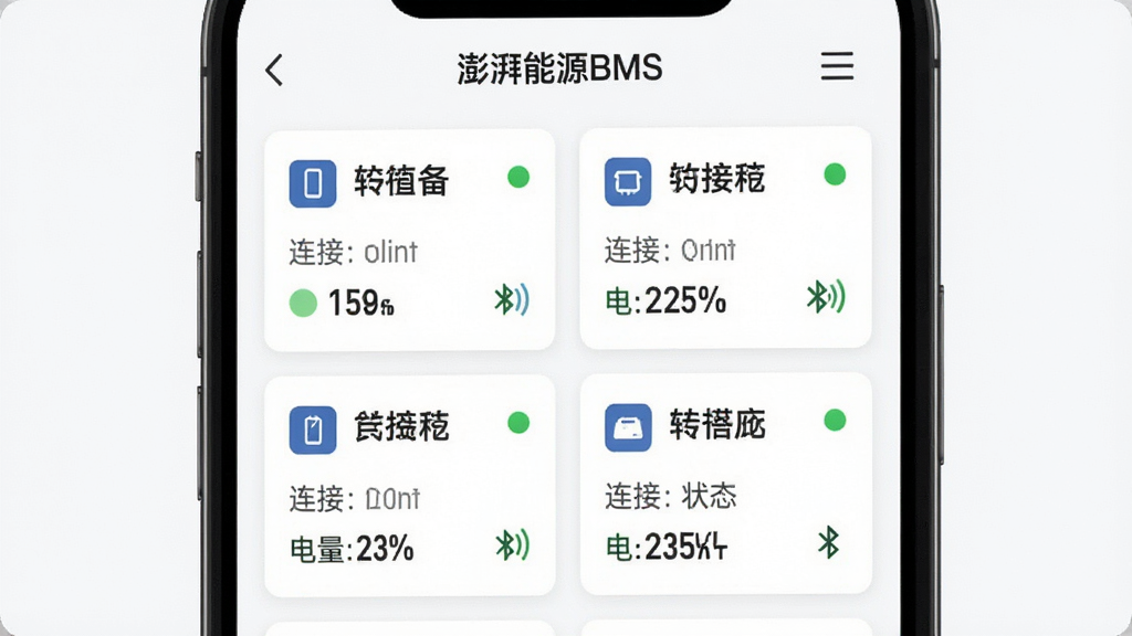 ��ͼ��ʾ�ʣ��ֻ���Ļչʾ��������ԴBMS���Ķ��豸�������棬�����ǿ�Ƭʽ�豸�б���������ÿ����Ƭ��ʾ�豸���ơ�����״̬�������ٷֱȡ��Ű���˫�����񣬷������ˬ�ı�ƽ����ƣ�ϸ�ڰ����豸ͼ�ꡢ��ɫ����״̬Բ�㡢�����ź�ǿ��ָʾ�����ʸɾ����޶���Ԫ�ء�