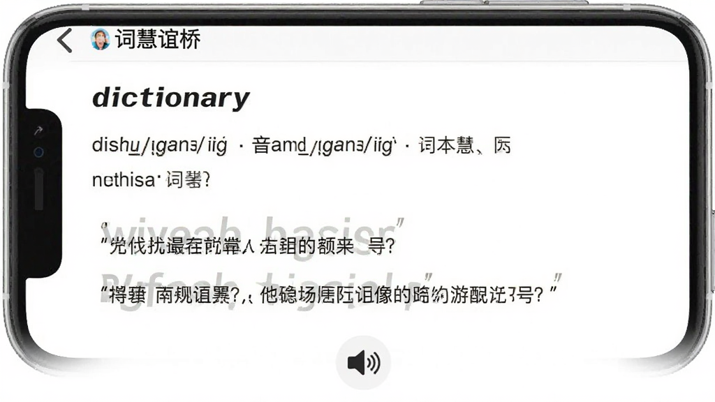 һ��չʾ���ʻ����š�App��ʽ��ҳ��Ľ�ͼ����Ļ����ʾ��Ӣ�ĵ��ʡ�dictionary������ϸ���壬�������ꡢ���ķ�����������䣬ҳ��ײ���һ��С����ͼ�����ڷ����������Ű����룬���������׶�������Ϊ����ɫ���޹�����