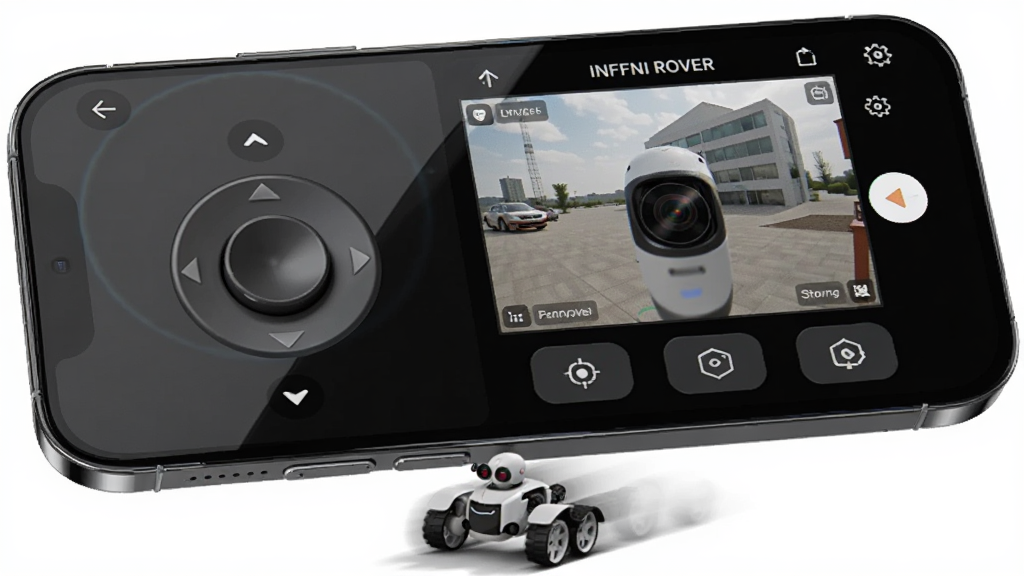 һ��չʾ INFFNI ROVER ���Ĺ��ܳ�����ͼƬ��������һ���ֻ��������ã���Ļ��ʾ INFFNI ROVER �Ĳٿؽ��棬���������ҡ�ˣ��Ҳ�������ͷʵʱ�ش�����ͼ������ܰ�ť���������ֻ��·���һ��С������ģ�������ƶ����Ű����б���ӽǡ����Ϊдʵ�Ƽ��磬ϸ�����ֻ���Ļ����΢���⣬���������˶�ģ��Ч�������ʸ��壬�ɾ��޶���Ԫ�أ������д��� 