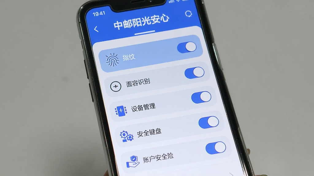 �ֻ���Ļ��ʾ��������APP��ȫ����ҳ�棬����ָ�Ƶ�¼���ء�����ʶ�𿪹ء��豸��������ȫ���̡��˻���ȫ�յ�ѡ�ÿ��ѡ���Ҳ��п��ذ�ť����������ɫ�Ͱ�ɫΪ��ɫ����ͼ����Ƽ�࣬�������������ʸɾ��޶���Ԫ��