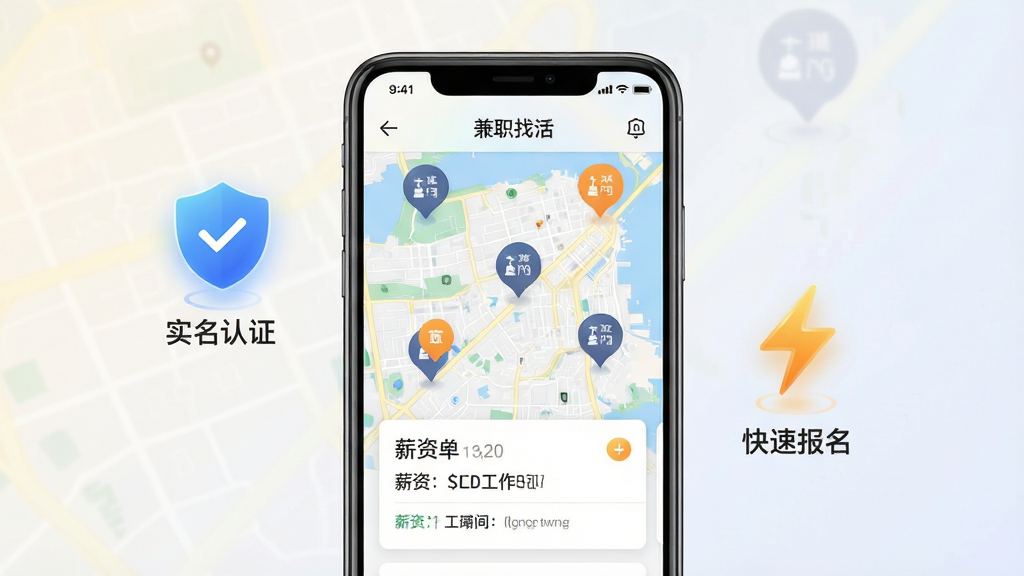 �㹤�ս��ְAPP����չʾͼ������������һ���ֻ�����Ļ��ʾ��ͼ�һ���棬��ͼ���ж����λ���ݱ�Ǽ�ְ��λλ�ã��·�������λ���鿨Ƭ��ʾн�ʺ͹���ʱ�䣬�ֻ��Ա�Ư���Ŷ���ͼ�����ʵ����֤���Լ�����ͼ��������ٱ��������ּ�����ˣ����Ƽ���������н�ϣ�ϸ�����������ʸɾ�������Ϊǳɫ���䣬�޶���Ԫ��
