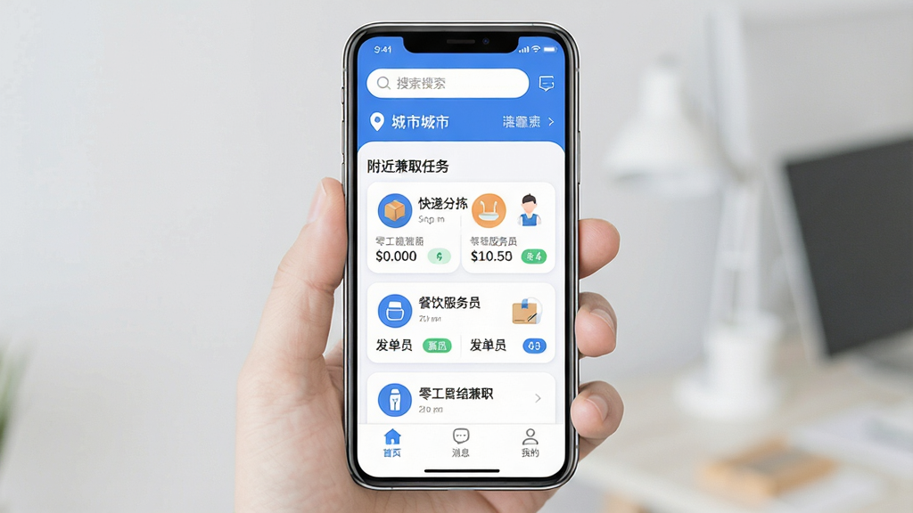 �㹤�ս��ְ�ֻ�APP����չʾ������Ϊһ�����������ֻ�����Ļ����ʾ�㹤�ս��ְAPP��ҳ�����ֶ�����������ͳ��ж�λ���м��Ǹ�����ְ�����б���Ƭ��������ݷּ𡢲�������Ա������Ա��ͼ���н�ʱ�ǩ���ײ�������Ϊ��ҳ����Ϣ���ҵ�����ѡ��Ű��������룬����ִ���ƽ����ϸ��Բ�󣬻��ʸɾ��޶���Ԫ�أ����������֣�����ɫ������ɫ�Ͱ�ɫΪ����������ˬ���׵ĸо�