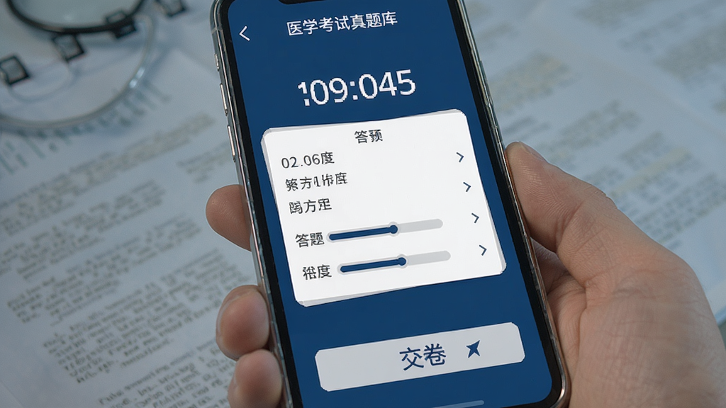 ҽѧ���������ģ�⿼�Խ��棬�ֻ���Ļ��ʾ����ʱ�ʹ��⿨���ȣ��ײ��н�����ť������������רҵ������Ϊ����ɫ�������������޶���Ԫ��