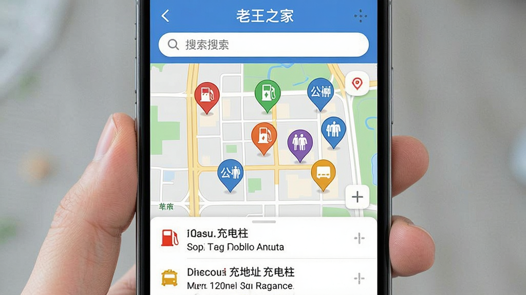һ���ֻ���Ļ���棬չʾ������֮�ҡ�APP����������ͼ���棬��ͼ�ϱ�ע�˶����ͬ��ɫ�Ķ�λͼ�꣬�ֱ��������վ�����׮�����޵ȡ������·����б���ʾ����͵�ַ��������������������Ϊ�ִ���ͼӦ�ý��棬ɫ�����������ֱ�ע��ȷ�����ʸɾ����޶���Ԫ�ء�