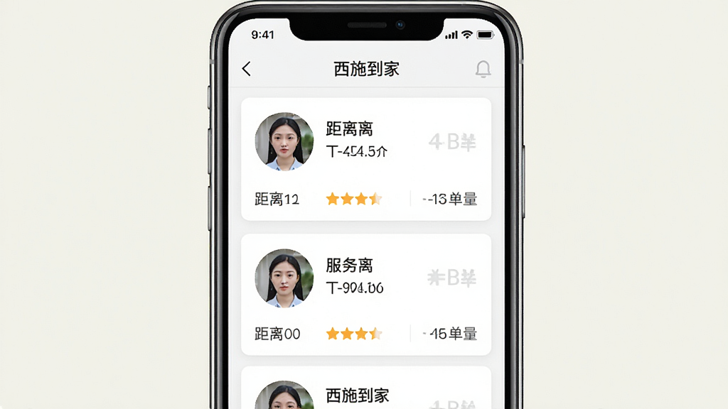 һ��չʾ����ʩ���ҡ�APP���������б������ͼƬ���������ֻ���Ļ�����־��У��Ű�Ϊ���½ṹ������Ǽ�������UI���ϸ����ÿ������Ƭ��ʾ������Աͷ�񡢾��롢���ֺͽӵ�����������ǳɫ�����������ɾ��޶���Ԫ��