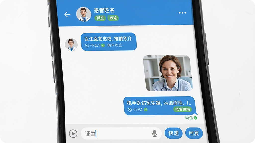��Я��ҽ��ҽ���ˡ�Ӧ���ڵ�ҽ����ͨ���棬����չʾ�ֻ����촰�ڣ������ҽ���ظ�����Ϣ���ݣ��Ҳ��ǻ��߷��͵�ͼƬ��������Ϣ�����涥����ʾ����������״̬��ǩ���ײ��������Ϳ�ݻظ���ť�����岼������������ִ���ƽ������ɫ��Ϊ���׻ң�ϸ�ڰ�����Ϣ�Ѷ���Ǻ͸���ͼ�꣬���ʸɾ��������޶���Ԫ��