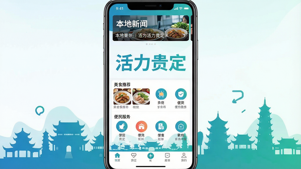 һ���ֻ���Ļչʾ����������ѶAPP�������棬������������Ŀ�ġ������󶨡��ĸ����֣����涥���Ǳ��������ֲ�ͼ���м�����ʳ�Ƽ��ͱ������ͼ�����񣬵ײ��ǵ������������ǹ��سǱ�־�Խ�����Ӱ����������ˬ�ִ�������ɫ��Ϊ�������������ɾ����޶���Ԫ��