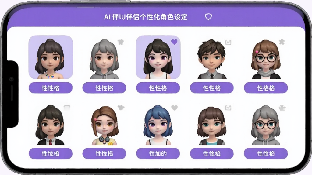 AI������¸��Ի���ɫ�趨���棬�ֻ���Ļ��ʾ��ɫѡ��ҳ�棬�����ͬ���������ɫͷ���������У�ÿ��ͷ���·����Ը��ǩ����������ɫ�Ͱ�ɫΪ��ɫ��������������������¿ɰ������ʸɾ��޶���Ԫ��