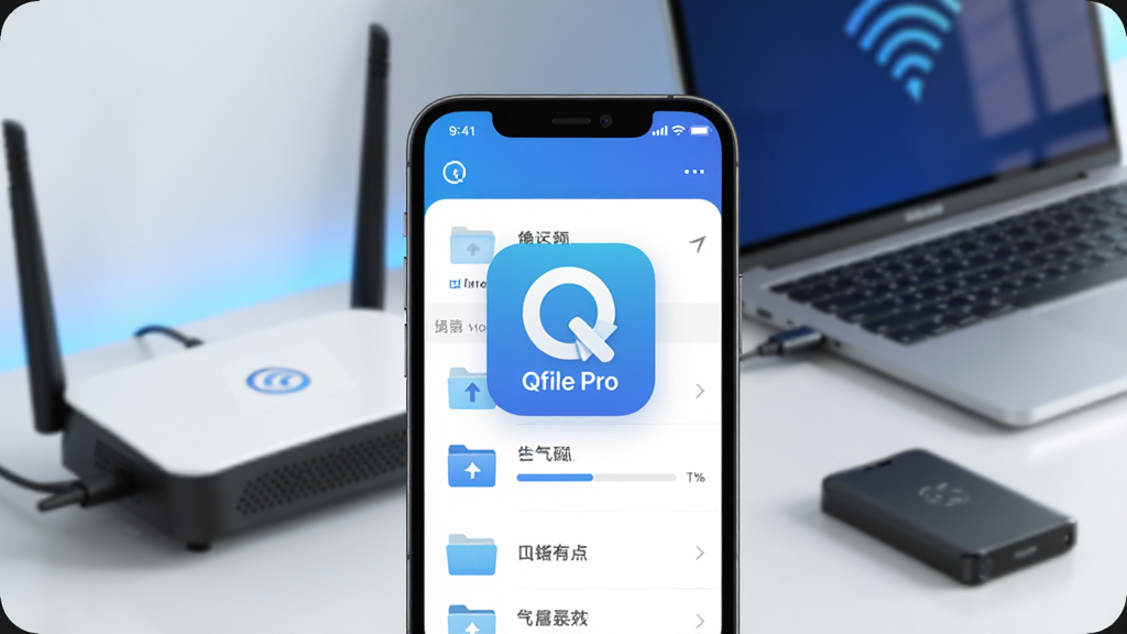 һ��չʾ�ֻ���NAS�豸֮�����ߴ����ļ��ĳ���ͼ�����������ǡ�Qfile Pro��App��ͼ��ͼ����ļ��������棬�ֻ���Ļ��ʾ�ļ��б����ϴ����������������ִ����ļ�ͥ�칫���棬��·�������ʼǱ����Ժ��ƶ�Ӳ�̣���������ˬ�Ƽ��У�������ɫΪ�������ʸɾ��޶���Ԫ�أ�������������ͼ����