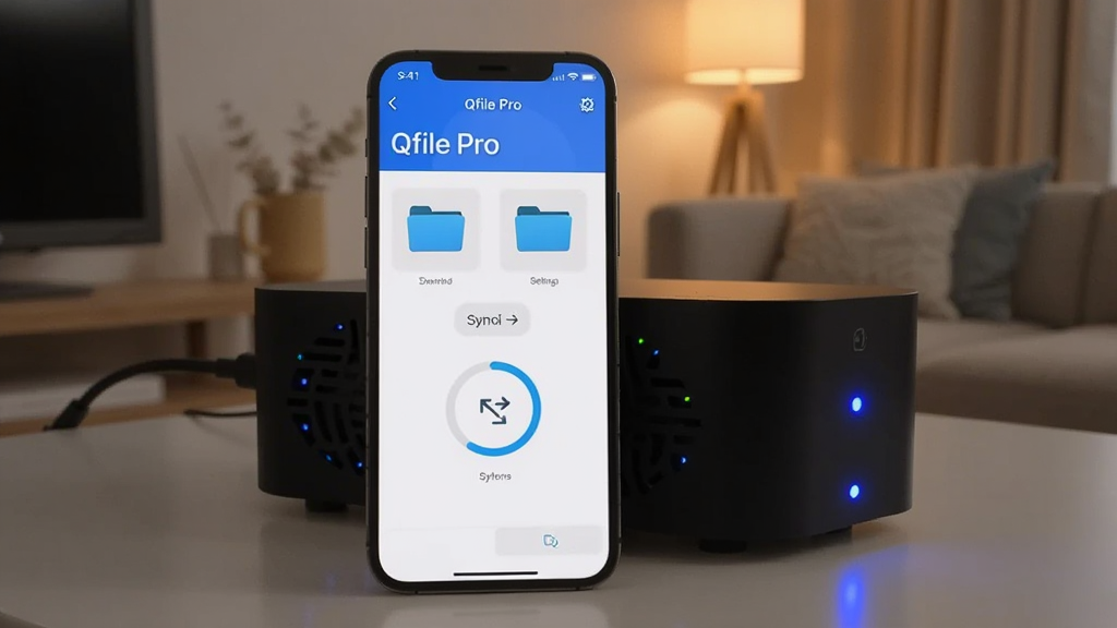 һ�������ֻ���Ļ��ʾ��Qfile Pro��Ӧ���ڵ��Զ���������ҳ�棬ҳ�������ļ���ͼ�ꡢͬ����ͷ�ͽ��Ȼ����ֻ��Ա���һ̨����ָʾ�Ƶ�NAS�豸����������ܰ�ļҾӻ��������������ִ������׻�ɫ��������������������Ԫ��