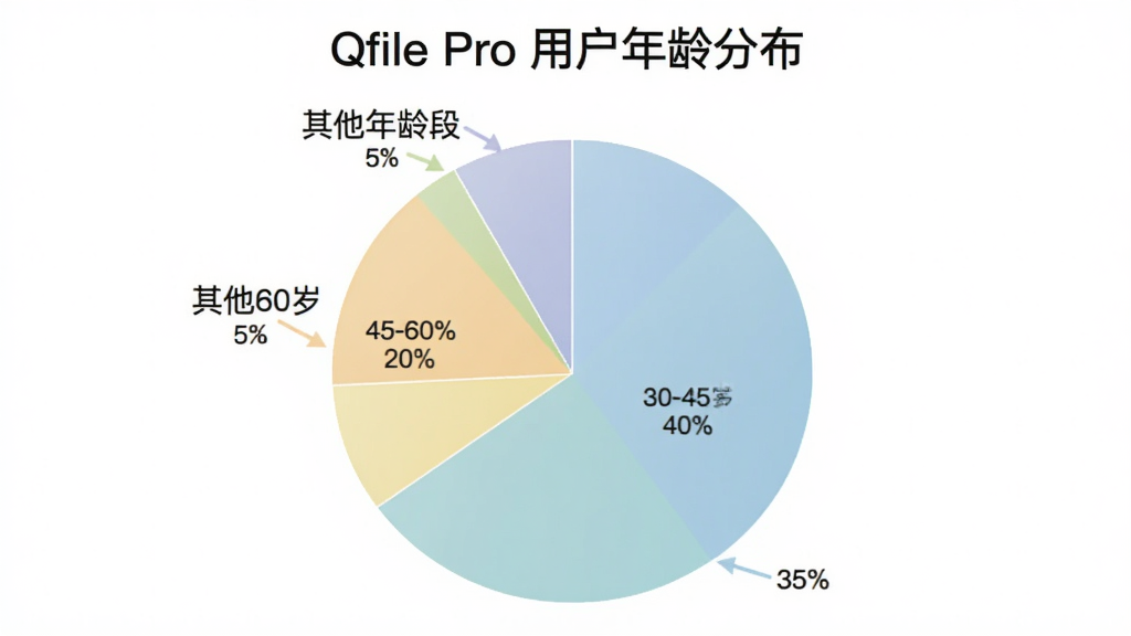 һ����״ͼ��ʾ��Qfile Pro���û�����ֲ���20-30��ռ35%��30-45��ռ40%��45-60��ռ20%�����������ռ5%��ͼ����������ˣ���ɫ��ͣ��С�Qfile Pro�û�����ֲ������⣬���ʸɾ����޶���Ԫ��