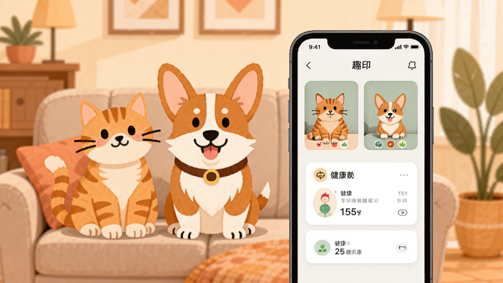 ȤצӡӦ��������չʾ��һֻ�ɰ�����è��һֻ�»�Ȯ��������ɳ���ϣ��ֻ���Ļ����ʾ�������ͽ�����¼��Ƭ��ůɫ���Ӽһ�������ƽ�廭��񣬻���ɾ���ܰ��ϸ�����������廭�ʣ��޶���Ԫ��