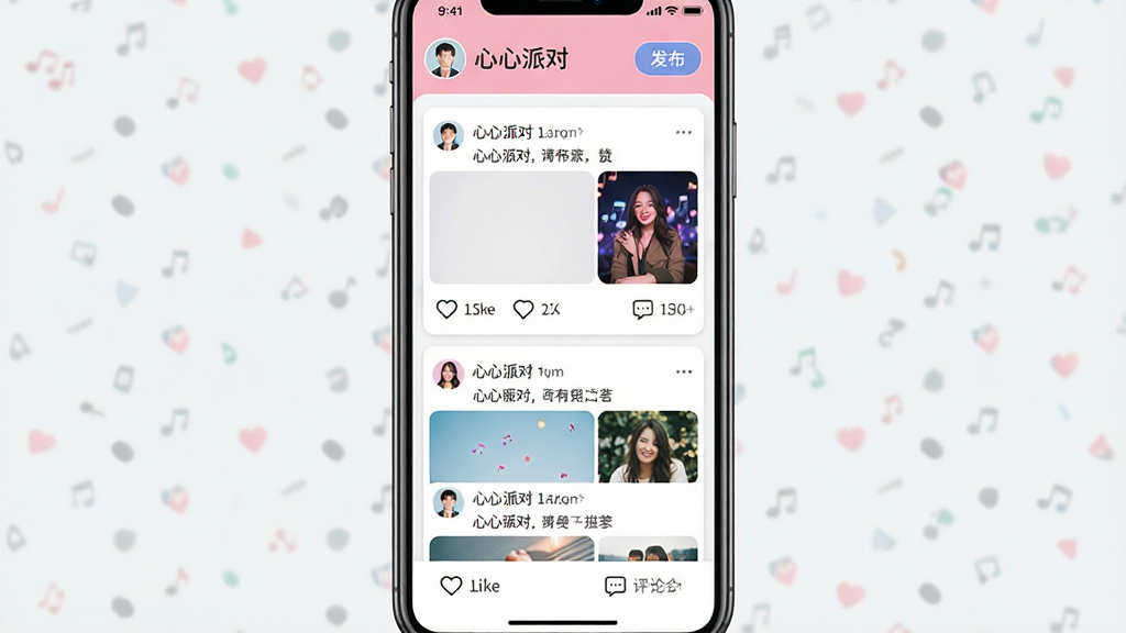 ��ͼ��ʾ�ʣ�һ���ֻ�Ӧ�ý���չʾͼ�����������ǡ������ɶԡ��Ķ�̬�㳡ҳ�棬�������û�ͷ��ͷ�����ť���·����ٲ���ʽ�Ķ�̬��Ƭ����Ƭ�ڰ������ֺ�ͼƬ����ͼ���ײ��е��޺�����ͼ�꣬���岼�ּ�࣬������£�ϸ�����������ʸɾ����޶���Ԫ��