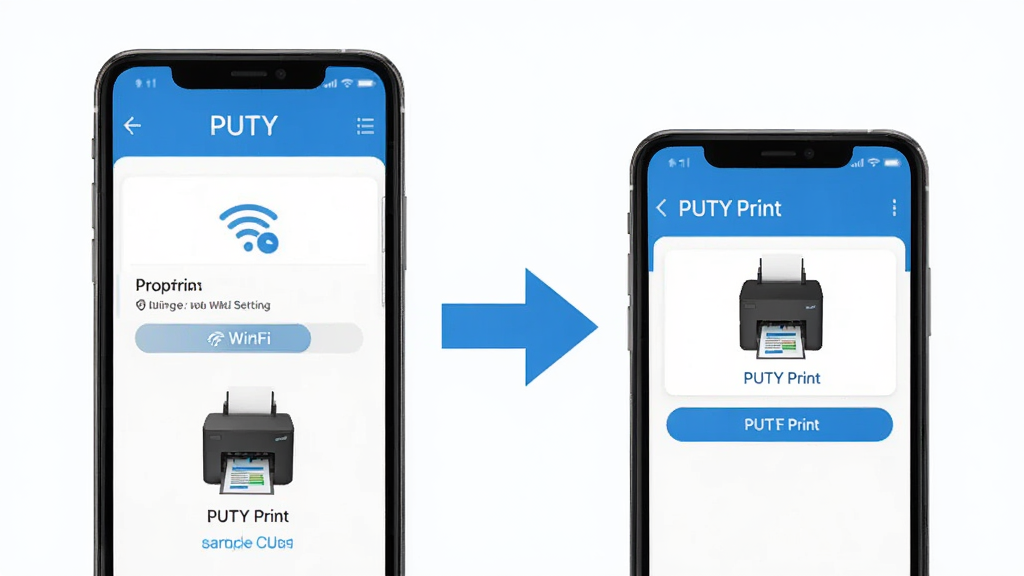PUTY Print �������Ӵ�ӡ������ʾ��ͼ���ֻ���Ļ��ʾWiFi���ý���ʹ�ӡ����ͬһ�����£��Ա��м�ͷָ��PUTY Print�Ĵ�ӡ���������棬��������ֱ�ۣ�������ɫ�����ʸɾ��޶���Ԫ��