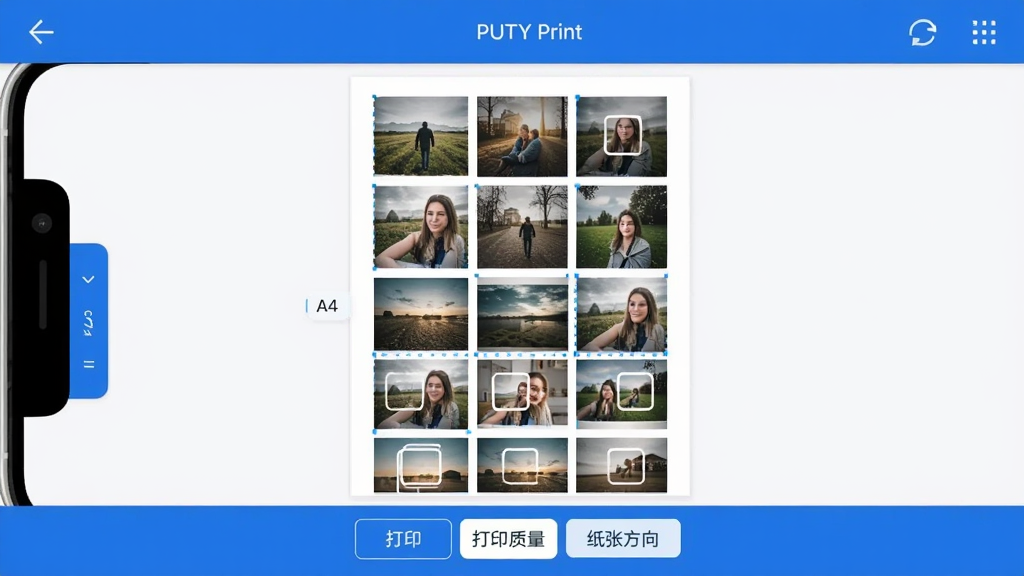 PUTY Print ͼƬ��ӡ�Ű���棬�ֻ���Ļ��ʾ������Ƭ��������ʽ������A4ֽԤ��ͼ�ϣ������϶�����λ�ã��·��д�ӡ������ֽ�ŷ���ѡ��������ֱ�����ã�������ɫ�����ʸɾ��޶���Ԫ��