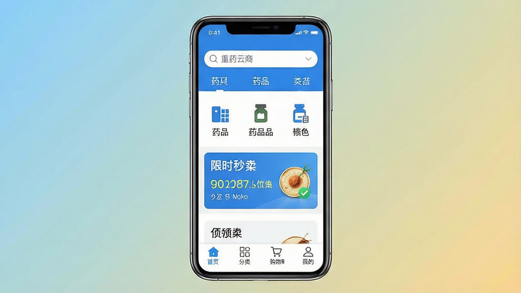 һ��չʾ����ҩ���̡�App���Ľ�����ֻ�����ͼ������������һ�������ֻ�����Ļ����ʾҽҩ�ɹ��̳���ҳ������������д�š���ҩ���̡����м���ҩƷ����ͼ�����ʱ��ɱ��飬�ײ�����������ҳ�����ࡢ���ﳵ���ҵ��ĸ�ѡ����岼�ֲ���������ɫ��������ִ���ƽ����ϸ���������������ʸɾ��޶���Ԫ�أ�����Ϊ��ɫ���䣬�ʺ���ΪӦ���г����ҳͷͼ