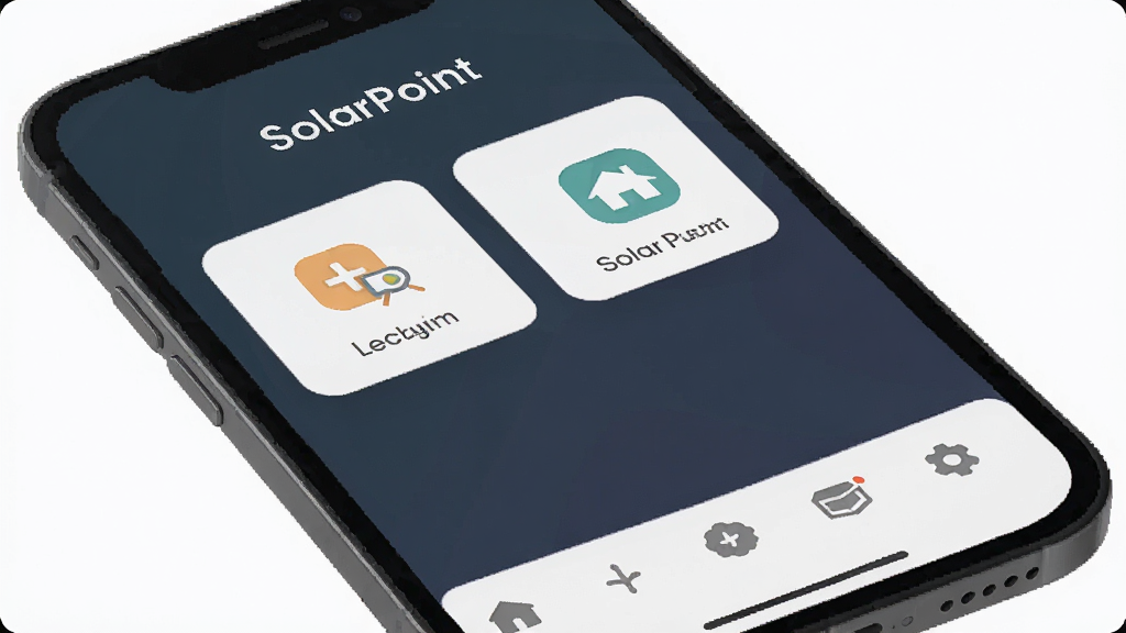 һ��չʾSolarPoint��������ȫò��ͼƬ���������ֻ���Ļ��ʾSolarPoint�����棬���ּ�࣬��������������SolarPoint���м��Ǻ��Ĺ���ģ��ͼ�꣬�ײ��ǵ��������Ű�����������ִ���ƽ����ϸ��Բ�󣬻��ʸɾ��������޶���Ԫ��