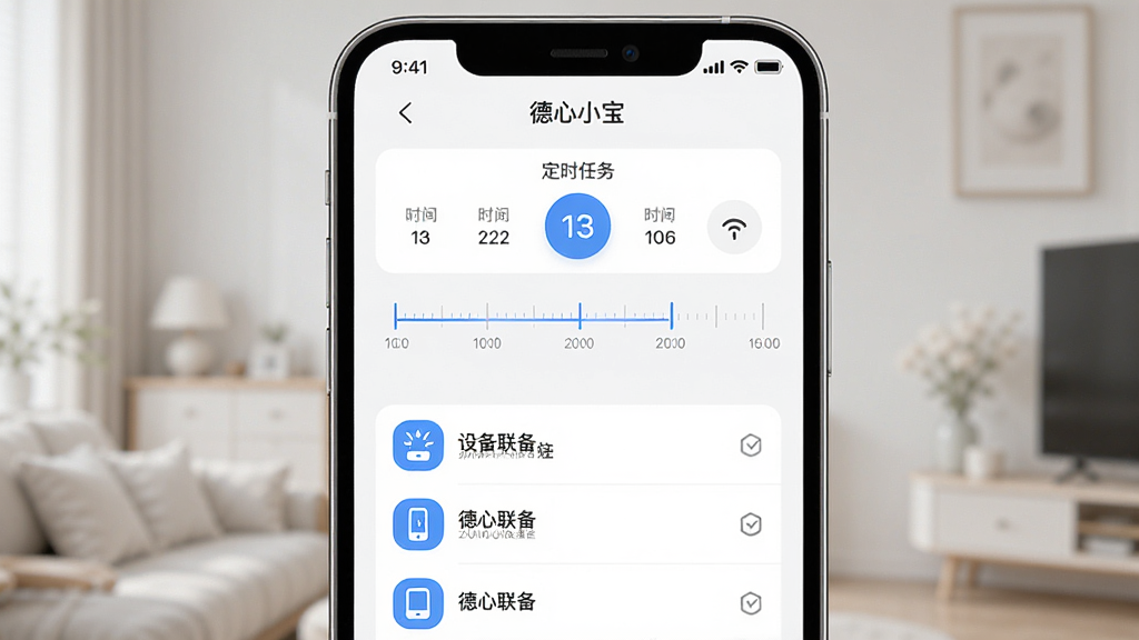 һ��AI���ɵ�ͼƬ���������ֻ���Ļ��ʾ����С��App�Ķ�ʱ�������ý��棬��������ʱ����Ͷ���豸ͼ�꣬����Ϊ���½ṹ���Ϸ���ʱ��ѡ�������·����豸�����б����Ű�����������ִ���Լ��ϸ����ʱ�����п̶��ߣ����ʸ��壬�ɾ��޶���Ԫ�أ���Ļ�Ϸ����֡�����С������