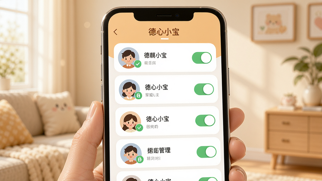 һ��AI���ɵ�ͼƬ���������ֻ���Ļ��ʾ����С��App�ļ�ͥ��Ա�������棬�������ж���û�ͷ��Ͷ�Ӧ��Ȩ�޿��أ�����Ϊ�б���ʽ���Ű����࣬�����ܰ�Ѻã�ϸ����ͷ���Ա��жԹ�������ͼ�꣬�����������ɾ��޶���Ԫ�أ��������֡�����С������
