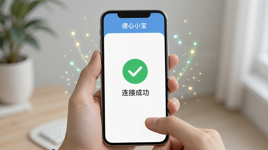 һ��AI���ɵ�ͼƬ��������һ˫�������ֻ����ֻ���Ļ����ʾ����С��App���豸���ӳɹ����棬����������һ����ɫ�Թ��͡����ӳɹ�������������Ϊ������ʾ���Ű��࣬����������죬ϸ�����ֻ���Χ��΢С�Ĺ����Ч�������������ɾ��޶���Ԫ�أ���Ļ�Ϸ����֡�����С������