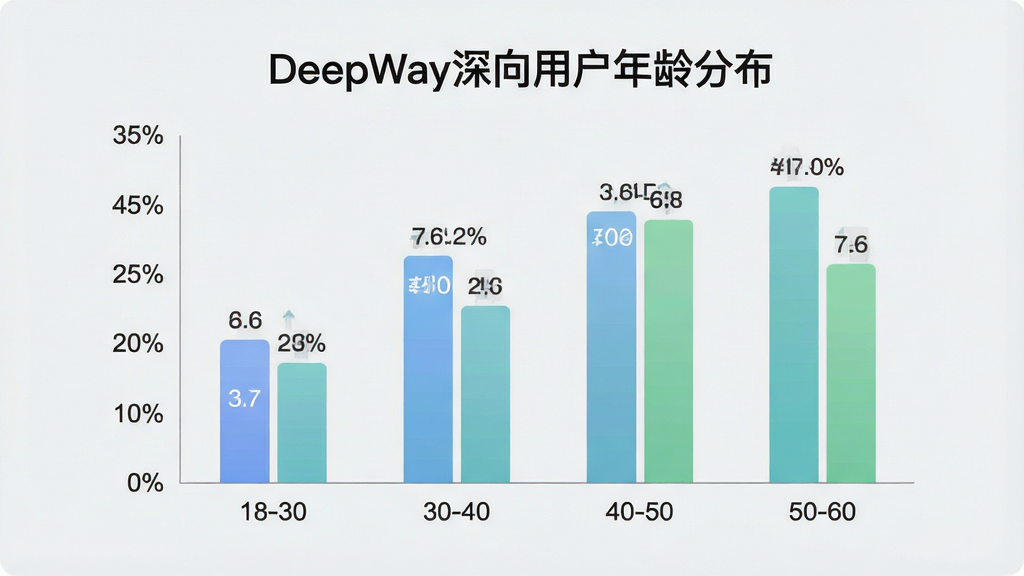 һ��չʾDeepWay�����û�����ֲ���״ͼ��ͼƬ�����������ǲ�ɫ��״ͼ������Ϊ�����18-30��30-40��40-50��50-60������Ϊ�û�ռ�Ȱٷֱȣ������Ϸ���ע������ֵ������Ϊͼ�����С��������Ϸ������Ϊ��ƽ�����ݿ��ӻ���ϸ�ڰ�����͵�������ɫ���������������ǩ������Ϊǳ��ɫ�����ʸɾ����޶���Ԫ�أ�ͼƬ�д������֡�DeepWay�����û�����ֲ���