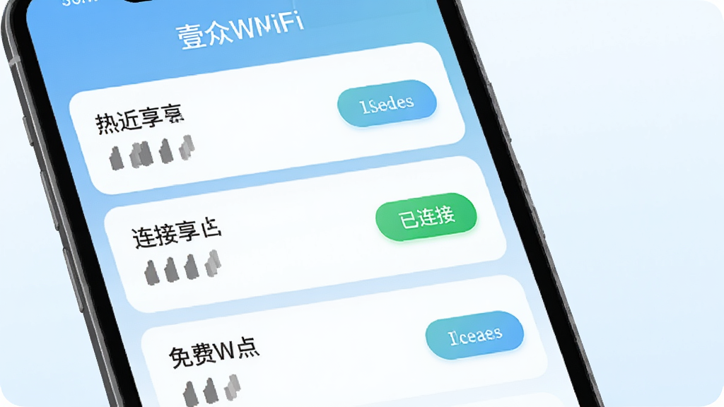 Ҽ�������WiFi���ӹ��ܽ��棬�ֻ���Ļ��ʾ�����ȵ��б���ÿ���ȵ������·����źŸ�ͼ������Ӱ�ť������һ���ȵ���ʾ������״̬��������ǳ��ɫ���䣬���ɾ���ˬ����������������Ԫ��