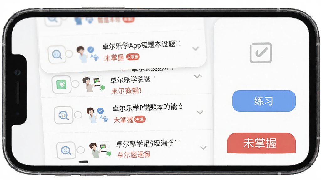 һ��չʾ׿����ѧApp���Ȿ���ܵĽ����ͼ���ֻ���Ļ��ʾ�����б��ͺ�ɫ�ġ�δ���ա���ǩ���Ա���������ϰ�İ�ť���������ֻ���Ļ��д�������ڻ������룬������ƽ��ϸ�ڰ������������ֱ�ǩ��ͼ�꣬���ʸɾ����޶���Ԫ��