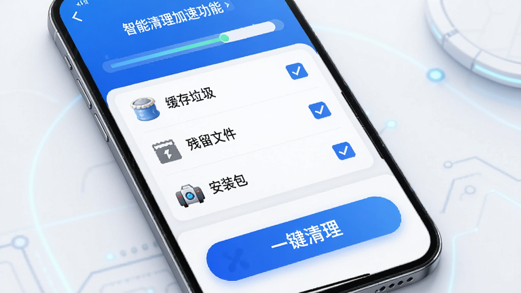大有作为智能清理加速功能界面,手机屏幕显示扫描进度条和垃圾文件分类列表,有“缓存垃圾”、“残留文件”、“安装包”等分类,每个分类前有勾选框,底部有醒目的“一键清理”按钮,界面以蓝色和白色为主色调,风格科技感十足,画质干净无多余元素