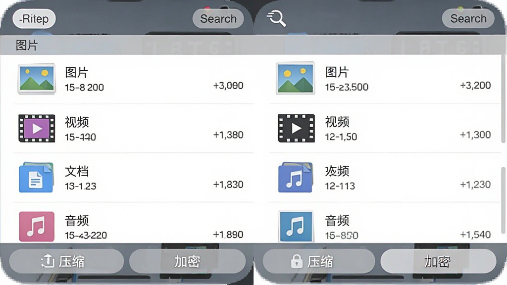 大有作为文件管理功能界面,手机屏幕显示文件列表,按“图片”、“视频”、“文档”、“音频”分类排列,每个文件有缩略图、名称和大小,顶部有排序和搜索按钮,底部有“压缩”、“加密”等操作按钮,界面布局清晰,风格扁平化,画质干净无多余元素