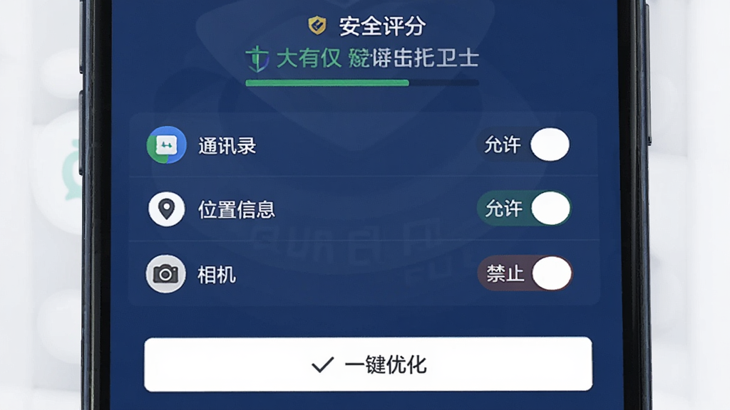 大有作为隐私安全卫士功能界面,手机屏幕显示应用权限检测报告,有“通讯录”、“位置信息”、“相机”等权限列表,每个权限后面有“允许”或“禁止”的开关,顶部有安全评分,底部有“一键优化”按钮,界面风格稳重,以深蓝色为主,画质干净无多余元素