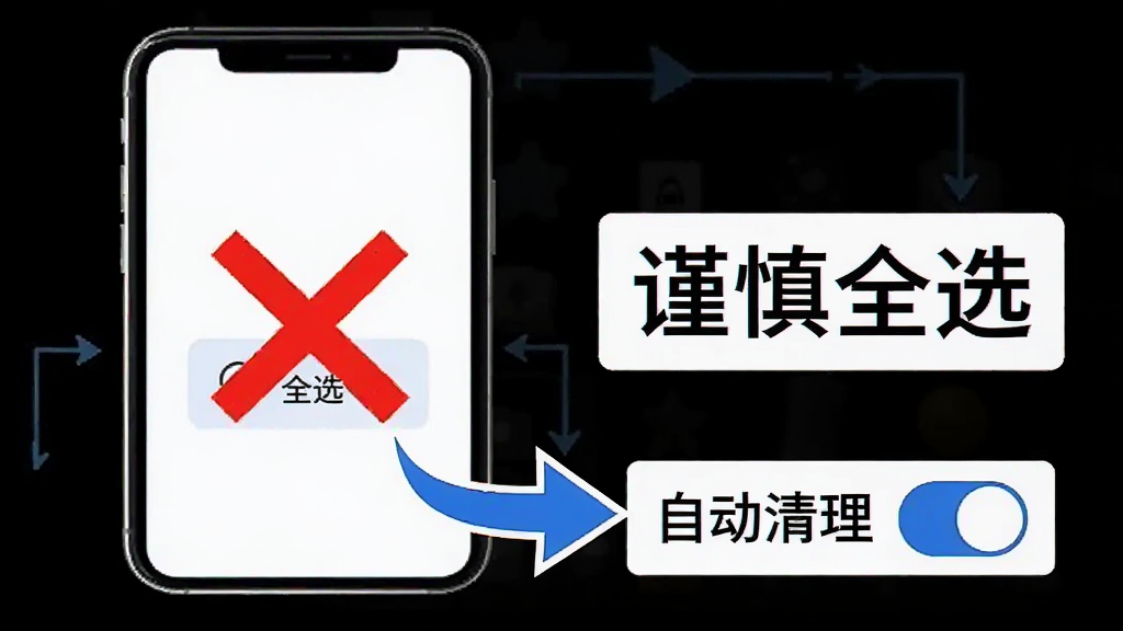 大有作为新手使用教程示意图,手机屏幕显示清理界面,画面中有红色叉号标记在“全选”按钮上,旁边有文字提示“谨慎全选”,下方有蓝色箭头指向“自动清理”开关,背景是简洁的白色,风格为信息图表式,画质清晰,无多余元素