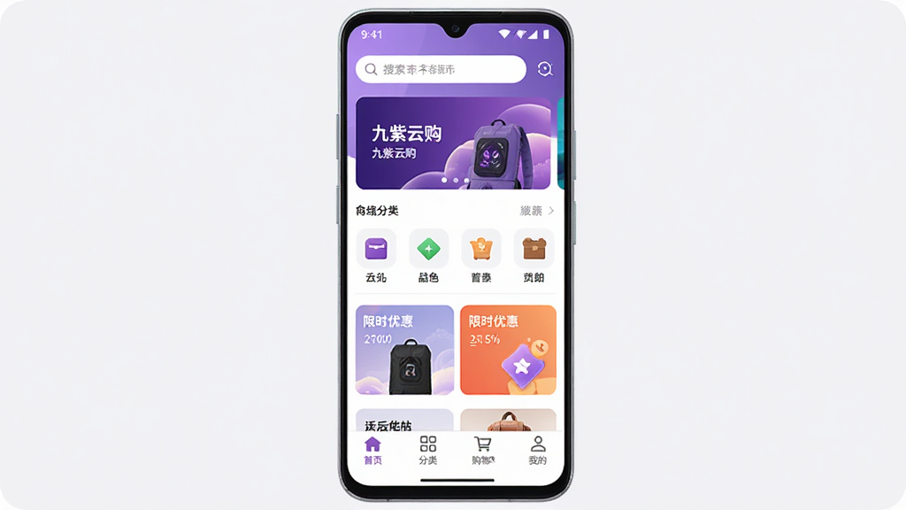 �����ƹ�Ӧ��������ȫòչʾ������Ϊһ����׿�ֻ���Ļ����Ļ������ʾ�����ƹ�APP��ҳ���������������ֲ�ͼ���м�����Ʒ����ͼ�����ʱ�Żݿ�Ƭ���ײ�Ϊ��ҳ�����ࡢ���ﳵ���ҵ��ĸ�����ѡ��������������Ű����룬����ִ���Լ��ϸ��Բ�󣬻��ʸɾ����޶���Ԫ�ء�