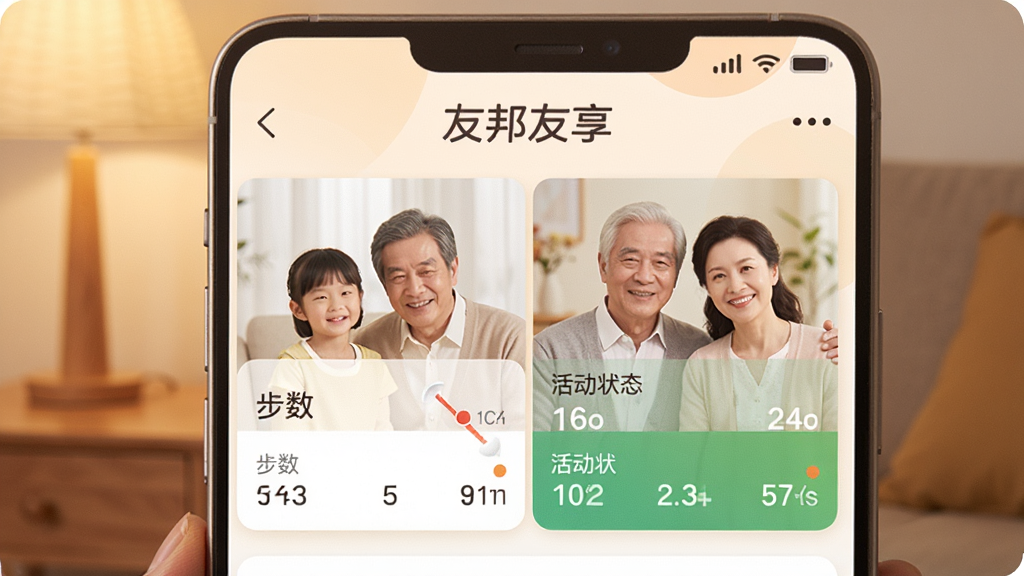 �Ѱ�����App��ͥ������ע���棬�ֻ���Ļ��ʾ��λ��ͥ��Ա�Ľ�����Ƭ���в����ͻ״̬�����涥���С��Ѱ���������������������ܰ��ůɫ�������������ͣ������������޶���Ԫ��