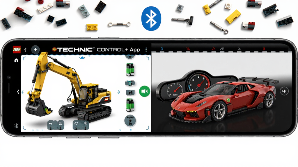 �ָ� TECHNIC CONTROL+ App���Ӳ�ͬ�ָ�ģ��ʱ�Ľ����л�Ч��ͼ��������ھ��ģ�͵Ĺ��̲ٿؽ��棬�Ҳ����ܳ�ģ�͵ĳ����Ǳ��̽��棬�������涼��ʾ��ͬһ���ֻ���Ļ���γɶԱȣ�������ɢ����ָ�TECHNIC����������ź�ͼ�꣬�����ֱ�ۣ������������޶���Ԫ�ء�