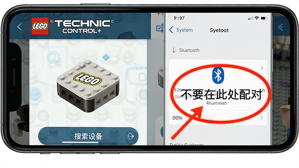 һ���ֻ���Ļ��ͼ����ʾ�ָ� TECHNIC CONTROL+ App���豸�����������棬��������һ�������ָ����ܼ�����ͼ��͡������豸����ť���Ա��ú�ɫԲȦ�ͼ�ͷ��ע������Ҫ�ڴ˴���ԡ����ֻ�ϵͳ�������ý��棬���Ϊ�̳�˵��ͼ�������������޶���Ԫ�ء�