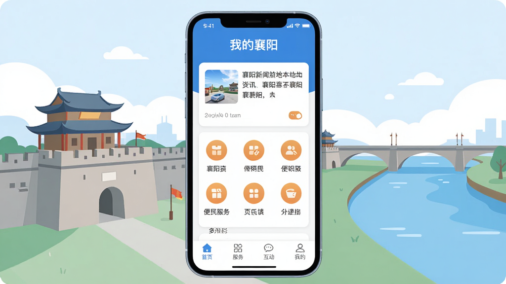 �ҵ�����App������չʾͼ������������һ�������ֻ�����Ļ��ʾ�ҵ�����App��ҳ�������С��ҵ����������ֱ�ʶ���м��Ǳ���������Ѷ��Ƭ�ͱ������ͼ�����񣬵ײ�Ϊ��ҳ�����񡢻������ҵ��ĸ�����ѡ��������������ų�ǽ�뺺���ļ�Լ�廭�������ɫ��������Ϊ������׺ů��ɫͼ�꣬�������������ֱ�ǩ��ȷ������ִ���ƽ��ϸ��Բ�󣬻��ʸɾ����޶���Ԫ��