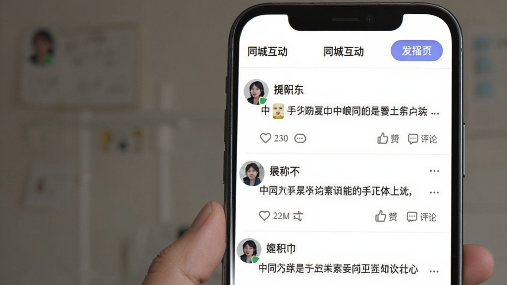�ҵ�����Appͬ�ǻ���ҳ��չʾͼ���ֻ���Ļ��ʾ�����б���ÿ�����Ӱ����û�ͷ���ǳơ��������ݺ͵������۰�ť�������С�ͬ�ǻ���������ͷ�����ť������Ϊ��ɫ����������ˬ���������������ʸɾ��޶���Ԫ��