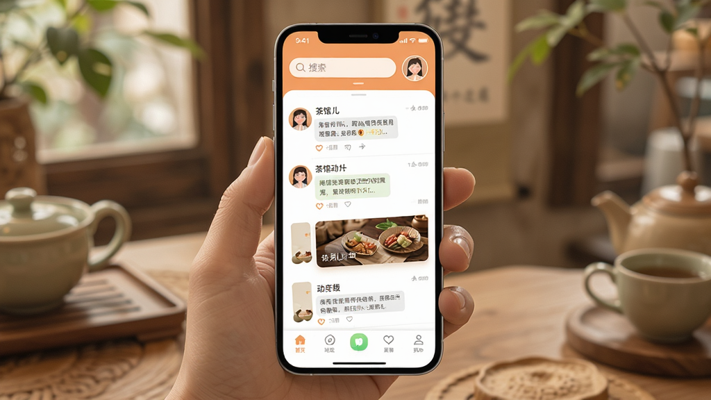 һ��չʾ��ݶ�ͬ�����콻��App���Ľ����ͼƬ������������һ�������ֻ�����Ļ��ʾ��ݶ�ͬ�����콻�ѵ������б��͸��������Ƽ�ҳ�棬�����������Ϸ������������û�ͷ���м�������Ի���Ͷ�̬��Ƭ���ײ��ǵ������������ܰ�ִ���ϸ��Բ�󣬻��ʸɾ����޶���Ԫ��