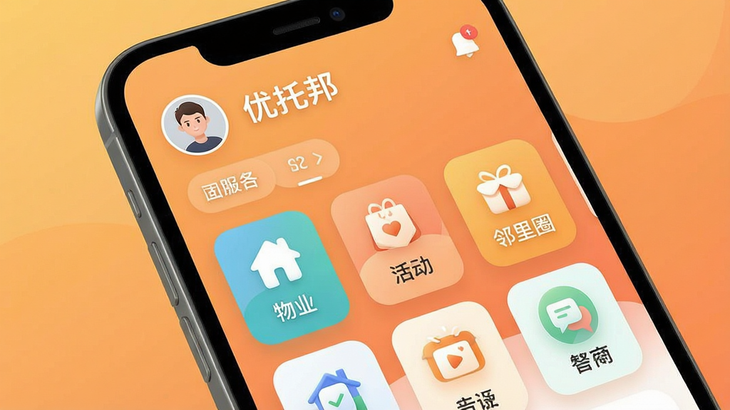 һ���ֻ���Ļչʾ�����аApp�����棬���涥����ʾ�û�ͷ�����Ϣ֪ͨ���м�����Ŀ���������������ͼ�꣬������ҵ���������Ȧ�ȣ�����Ϊůɫ�����䣬����ִ���࣬ϸ��Բ�󣬻��ʸɾ��޶���Ԫ��