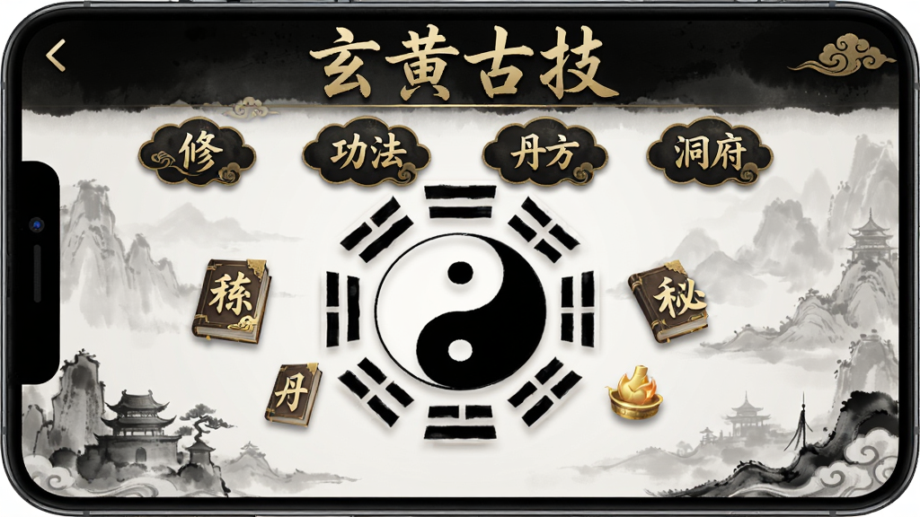 玄黄古技软件主界面全貌展示,主体是一个古风修仙风格的手机应用界面,布局中心为圆形太极八卦图与悬浮的功法秘籍图标,排版上顶部显示“玄黄古技”四个大字,下方排列着修炼、功法、丹方、洞府四个主要功能入口,风格采用水墨国风与暗金色调结合,细节上按钮带有云纹装饰,画质高清干净无多余元素
