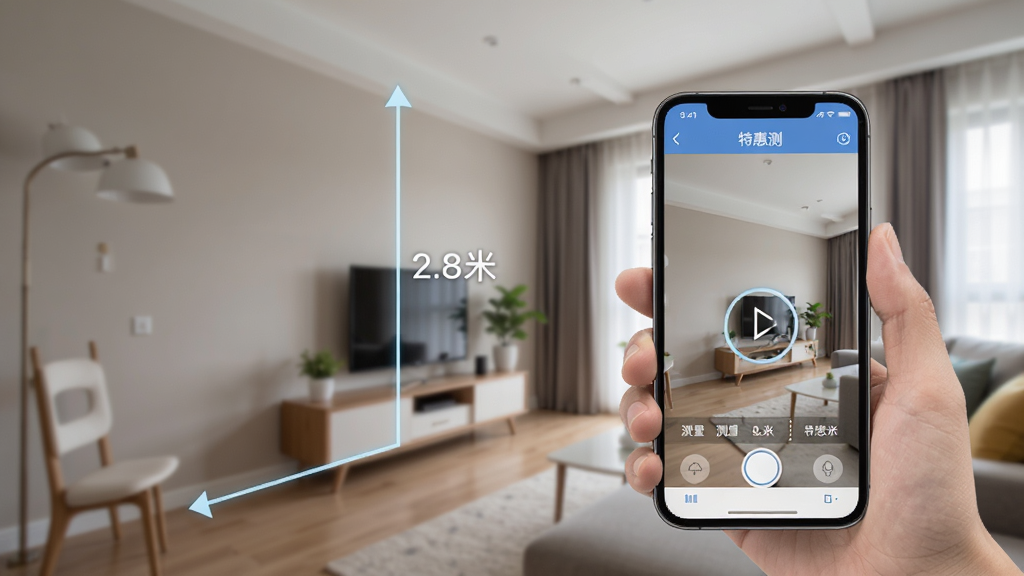 特惠测App测量功能展示图,画面中一只手拿着手机对着客厅墙面,手机屏幕显示特惠测App的AR测量界面,墙面上有虚拟的测量线从地面延伸到天花板,屏幕上显示“2.8米”的测量结果,背景是家居环境,风格写实清晰,画质干净