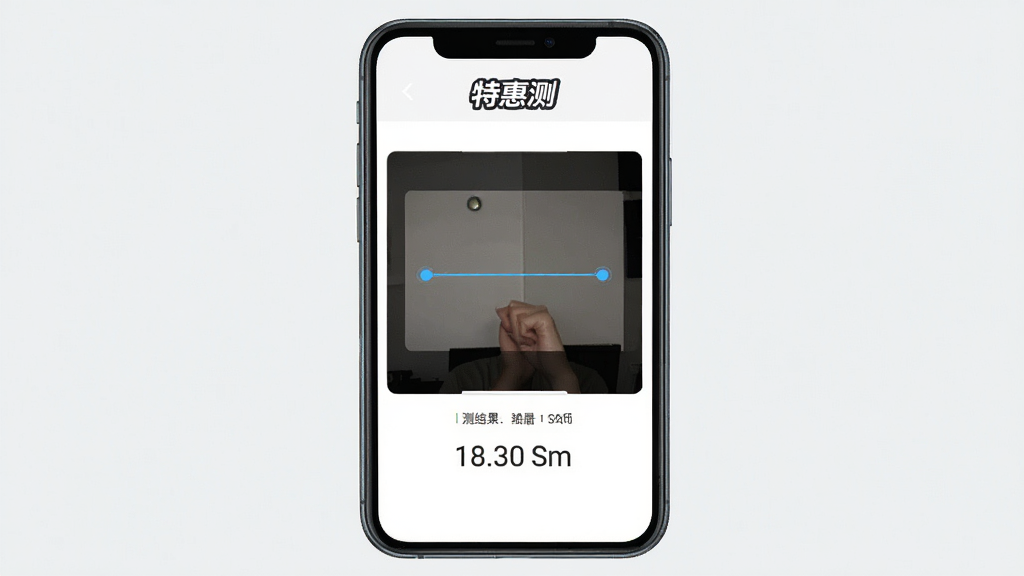 特惠测软件主界面截图,画面中央显示手机屏幕,屏幕内是特惠测App的测量界面,顶部有“特惠测”文字标识,中间是相机取景框,框内有一条虚拟测量线连接两个点,下方显示测量结果数字,背景为干净的浅灰色,风格现代简洁,画质清晰,无多余元素