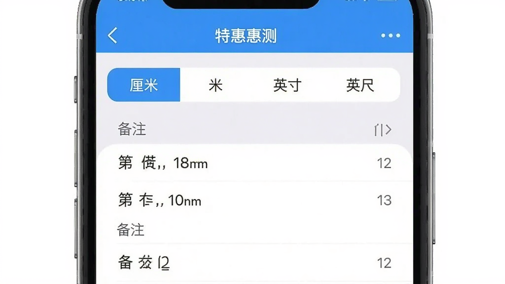 特惠测App单位切换与记录界面,手机屏幕显示特惠测App的设置页面,上面有单位选择选项“厘米”“米”“英寸”“英尺”,下方是测量历史记录列表,每条记录带有备注文字,界面布局清晰,风格简约,画质干净