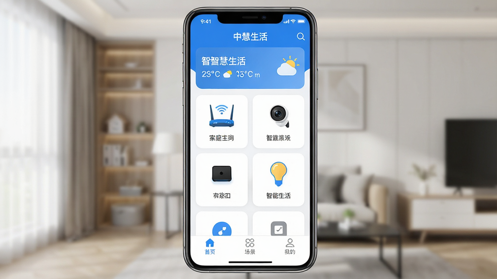 �����ǻ�����App������ȫòչʾ������������һ�������ֻ�����Ļ����ʾ�������ǻ����Ӧ����ҳ�������м�ͥ���ƺ�������Ϣ���в����豸��Ƭ���񲼾֣�����·����������ͷ�������С����ܵ��ݵ�ͼ�꣬�ײ�Ϊ����ҳ���������ҵġ�����������ǩ�����岼���������Ű����룬����ִ���Լ��������ɫΪ����ϸ��Բ�󣬻��ʸɾ����޶���Ԫ�ء�