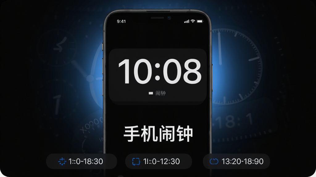 一张展示手机闹钟应用主界面的图片,画面中央是一部智能手机,屏幕上显示着简洁的闹钟设置界面,时间数字很大很清晰,背景是深色模式,周围有淡淡的蓝色光晕,手机下方有几个闹钟时间标签,整体风格现代简约,画质清晰干净,无多余元素,图片中带有文字“手机闹钟”