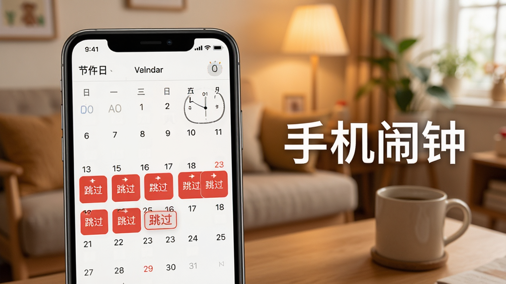 一张展示手机闹钟应用节假日跳过功能的图片,画面中是一部手机,屏幕上显示日历界面,其中法定节假日被标记为红色并带有“跳过”字样,背景是温馨的居家环境,风格生活化,画质清晰,无多余元素,图片中带有文字“手机闹钟”